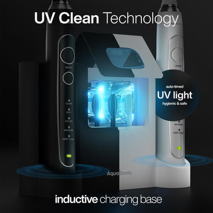 Aquasonic Duo Series PRO UV - ADA Accepted Electric Toothbrushes with UV Sanitizer - Inductive Charging Base - 5 Modes with Smart Timers - 10 Proflex Brush Heads & 2 Travel Cases