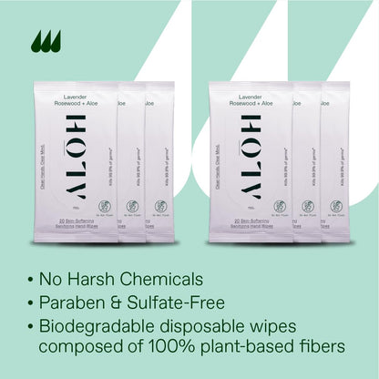 ALŌH Lavender Rosewood + Aloe Sanitizing Hand Wipes - Clean Hands, Clear Mind - On The Go Hand Sanitizer Wipes for Kids and Adults - Travel Size 6 Pack, 20ct (120 wipe)
