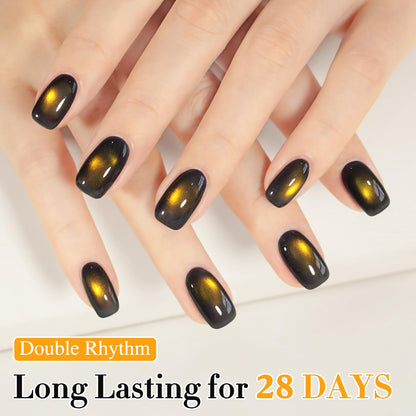 Double Rhythm Jelly Glass Cat Eye Gel Polish with Magnet 15ML Holographic Glitter Shimmer Translucent Sheer Color Magnetic Nail Polish Salon DIY at Home (Golden Black-MC1256)