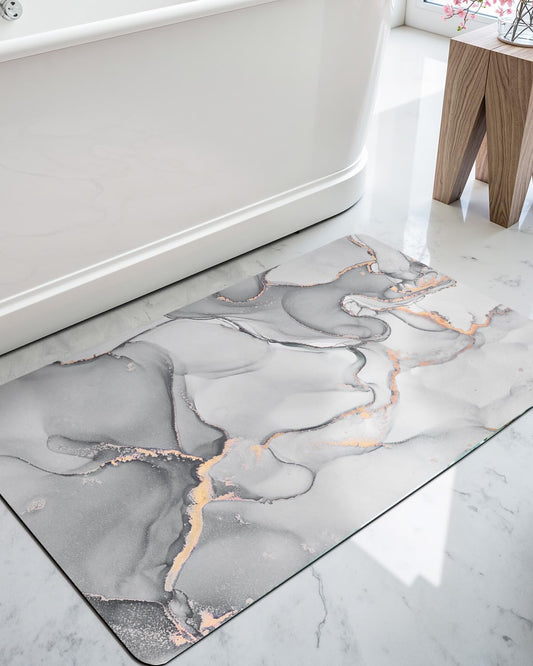 DEXI Bathroom Mat Ultra Thin, Non Slip Bath Rug for Shower Floor, Absorbent Quick Dry Marble Bathmats Low Profile, 17x32, Light Grey