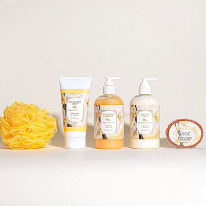 Camille Beckman Essentials Gift Basket, French Vanilla, Glycerine Hand Therapy 6 oz, Silky Body Cream 13 oz, Hand and Shower Cleansing Gel 13 oz, Glycerine Soap 3.5 oz