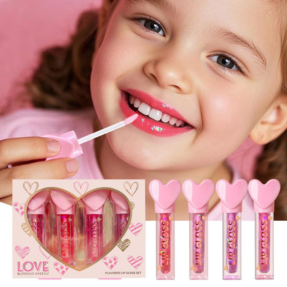 4pc Heart Charm Lip Gloss Stick for Girls - Glossy Fruity Lip Set | Non Toxic Party Favors, Teen Makeup Gift with Cute Topper (4 Pack)