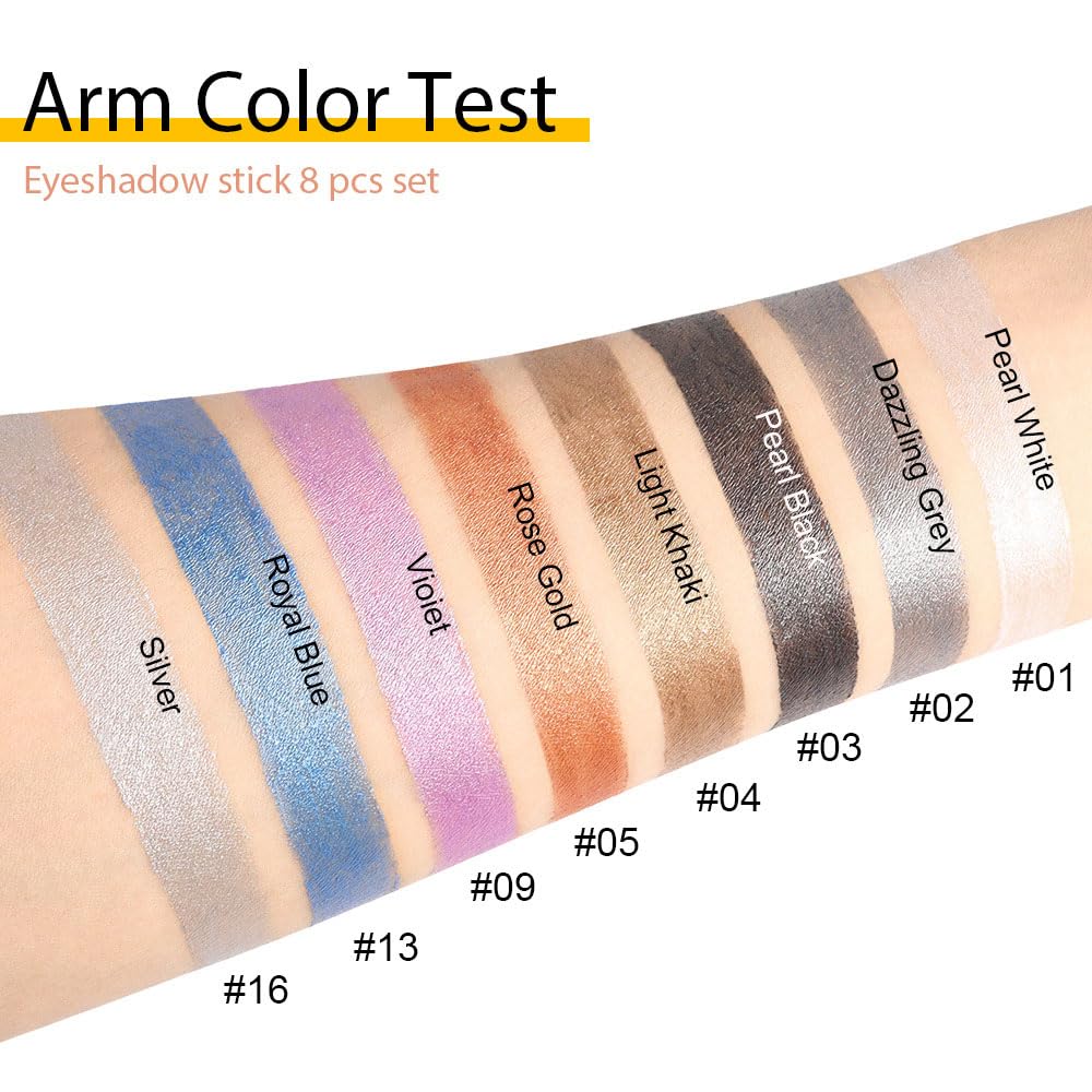8Pcs Glitter Eye Shadow Sticks Liner Pencils Makeup, Pearl White Smokey Black Gray Silver Violet Purple Khaki Royal Blue Shimmer Glitter Eyeliner Pencil Cream Eyeshadow Palette Makeup for Older Women