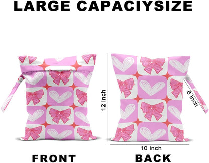 2Pcs Wet Bags, Wet Dry Bag Reusable for Swimsuit, Travel, Diapers, Beach, Dirty Yoga Gym Clothes, Toiletries, Makeup Bag, Waterproof Pink Bow Strawberry Print Birthday Christmas Gifts