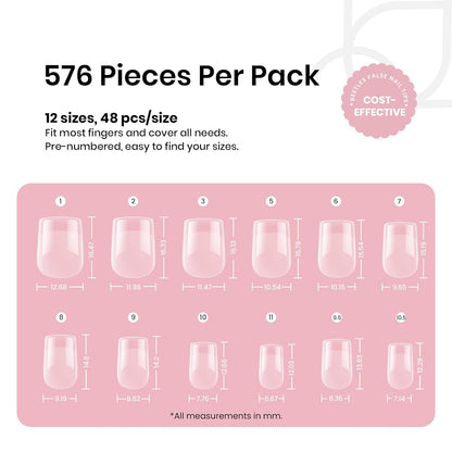 Beetles Short Square Nail Tips: 576PCS 12 Sizes XS Short Square Half Matte Clear False Acrylic Press on Nails Tips Pre-shape Full Cover Nail Tips Nail Extension DIY