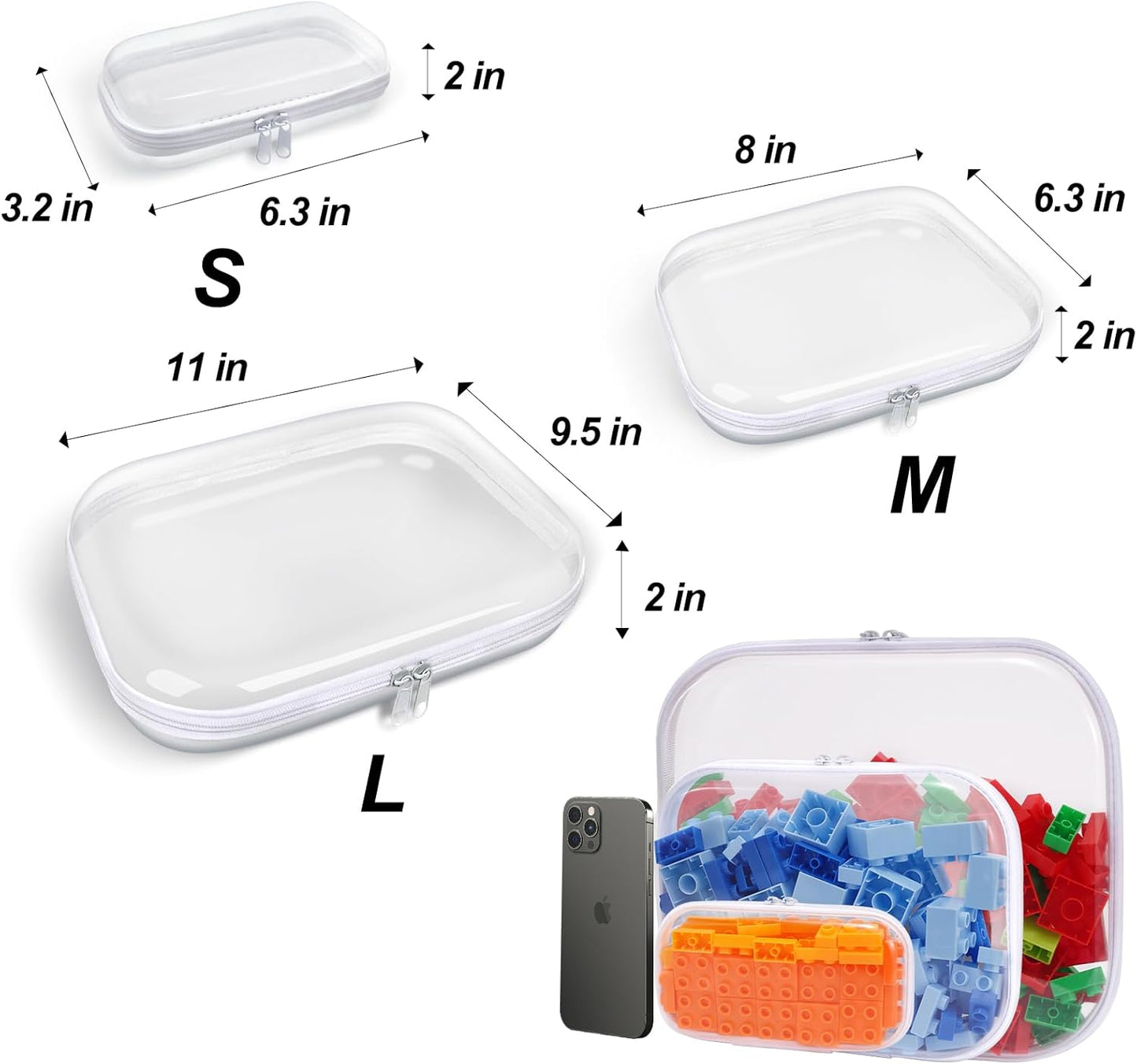Clear Hard Plastic Zipper Case,Transparent Double Zippers Hard Pouch with 6pcs,Portable Travel Organizer Bin for Toy Storage