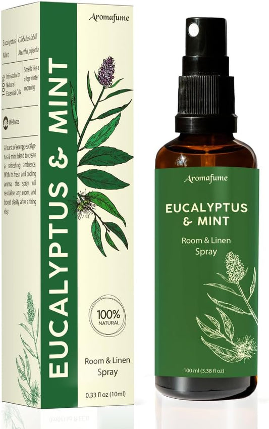 Eucalyptus & Mint Room, Linen & Pillow Spray by Aromafume | 100ml/3.38fl oz | with Pure Eucalyptus & Mint Essential Oil | Aromatherapy | Mist for Bedding, Fabrics