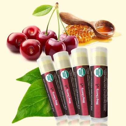 Earth's Daughter USDA Organic Lip Balm 4-Pack - Cherry Flavor - Beeswax, Coconut Oil, Vitamin E - Best Lip Repair Chapstick for Dry Cracked Lips.