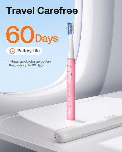 Bitvae Ultrasonic Electric Toothbrush for Adults and Kids, ADA Accepted Travel Electric Toothbrush with Rechargeable 60-Day Battery Life, 8 Heads, 5 Modes, Case/Holder, Quartz Pink