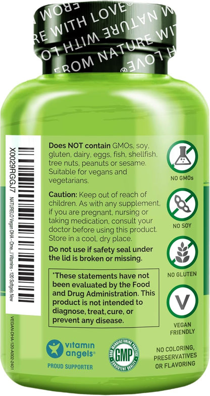 NATURELO Vegan DHA - Omega 3 Oil from Algae - Supplement for Brain, Heart, Joint, Eye Health - Provides Essential Fatty Acids for Women Men and Kids - Complements Prenatal Vitamins - 120 Softgels