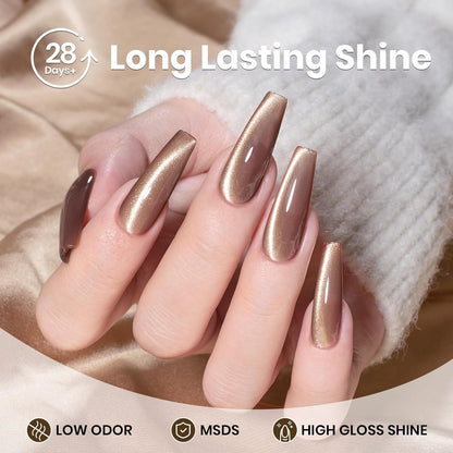 Beetles Brown Cat Eye Gel Nail Polish - Velvet Cinnamon Cat Eye Gel Polish, 15ML Fall Brown Mocha Mousse Magnetic Glitter Gel Polish with Magnet Soak Off UV French Nail Art Manicure Gift for Women