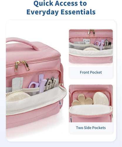 WANDF Travel Toiletry Bag for Women, Wide-open Large Makeup Bag with Handle, Puffy Makeup Organizer for Toiletries, Cosmetics, Accessories, Essentials (Dusty Pink)