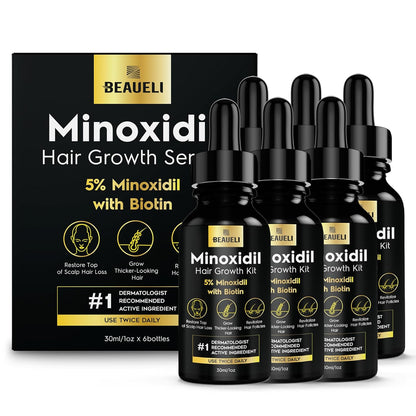 5% Minoxidil Hair Growth for Men and Women: Extra Strength Minoxidil Beard Regrowth Treatment Serum with Biotin for Thinning Hair Loss to Grow Thicker Fuller 30ml 6 Bottles
