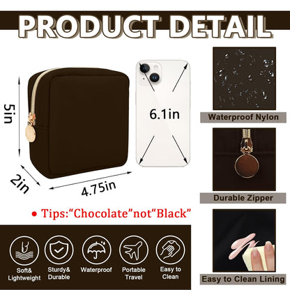 Mini Makeup Pouch for Purse, Small Cosmetic Bag Pouch Nylon Travel Toiletry Organizers Bag for Women Girls, Cute Zipper Coin Purse Preppy Storage Purse for School Work(Mini-Chocolate)