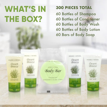 Desert Breeze Hotel Soaps and Toiletries Bulk Set | 1oz Hotel Shampoo & Conditioner, Body Wash, Body Lotion & Bar Soap | Travel Size Toiletries 300 Pieces