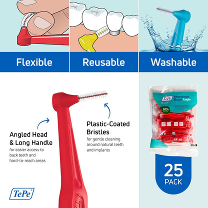 TePe Interdental Brush Angle, Angled Dental Brush for Teeth Cleaning, Pack of 25, 0.5 mm, Extra-Small/Small Gaps, Red, Size 2