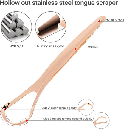 3-Pack Tongue Scraper Set for Adults (Rose Gold) with Travel Case, Reduce Bad Breath, Metal Tongue Scraper, Tongue Cleaner, Tongue Scraper, Tongue