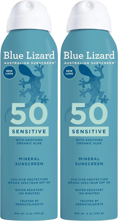 Blue Lizard Sensitive Mineral Sunscreen Spray SPF 50+, Dermatologist-Recommended Brand, Broad-Spectrum UVA/UVB Protection, Water-Resistant, Zinc Oxide Formula, 5 fl oz (Pack of 2)