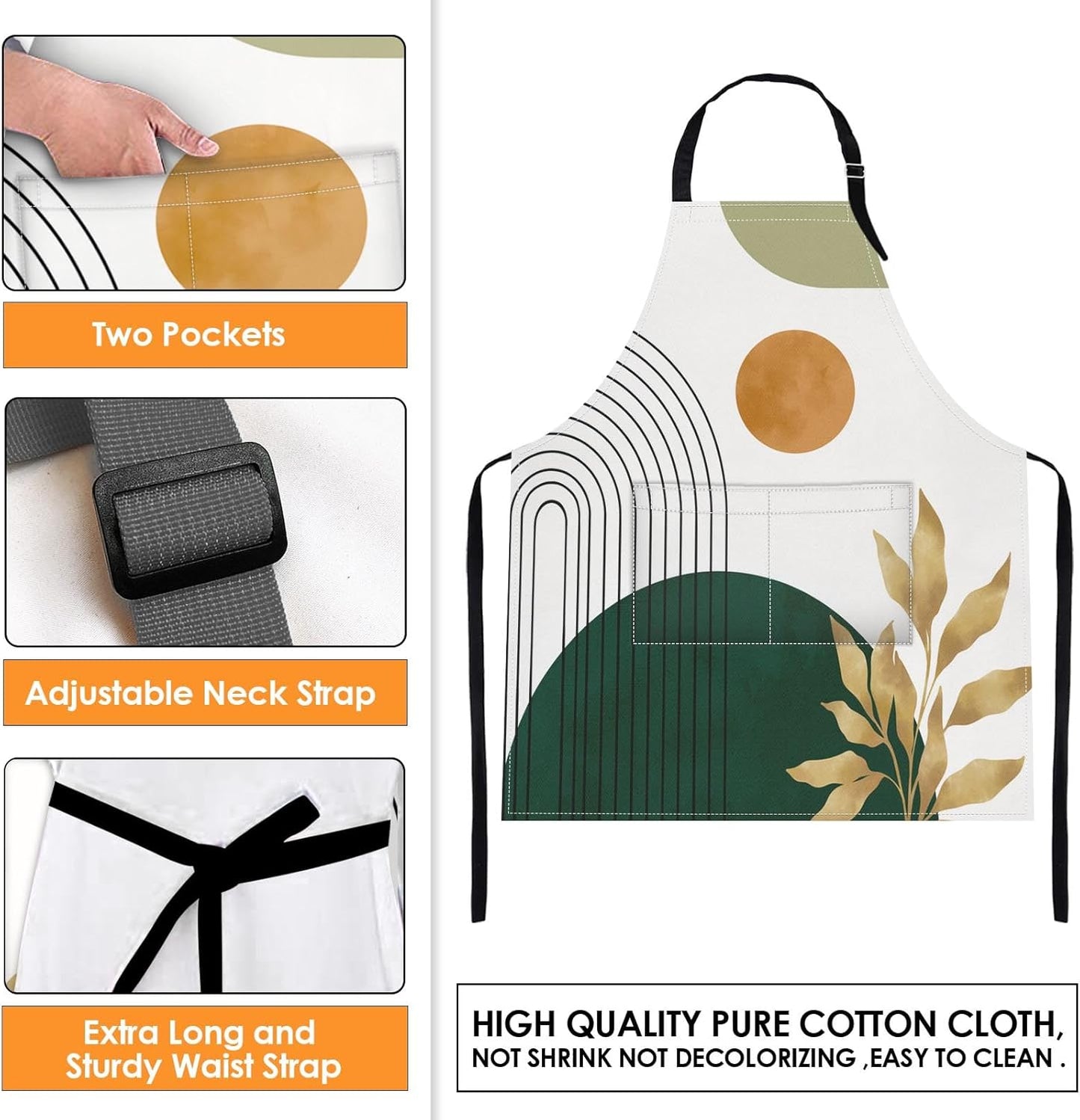 Britimes 2 Pack Aprons, Boho Mid Century Sun Adjustable Bib Aprons with 2 Pockets for Women Men Couple Lovers Chef Home Kitchen Cooking Baking Gardening Orange Green Apron 32x28 Inches