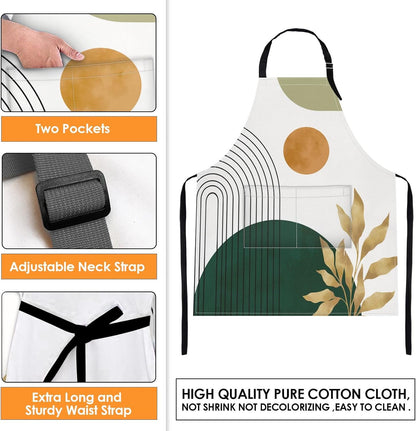 Britimes 2 Pack Aprons, Boho Mid Century Sun Adjustable Bib Aprons with 2 Pockets for Women Men Couple Lovers Chef Home Kitchen Cooking Baking Gardening Orange Green Apron 32x28 Inches