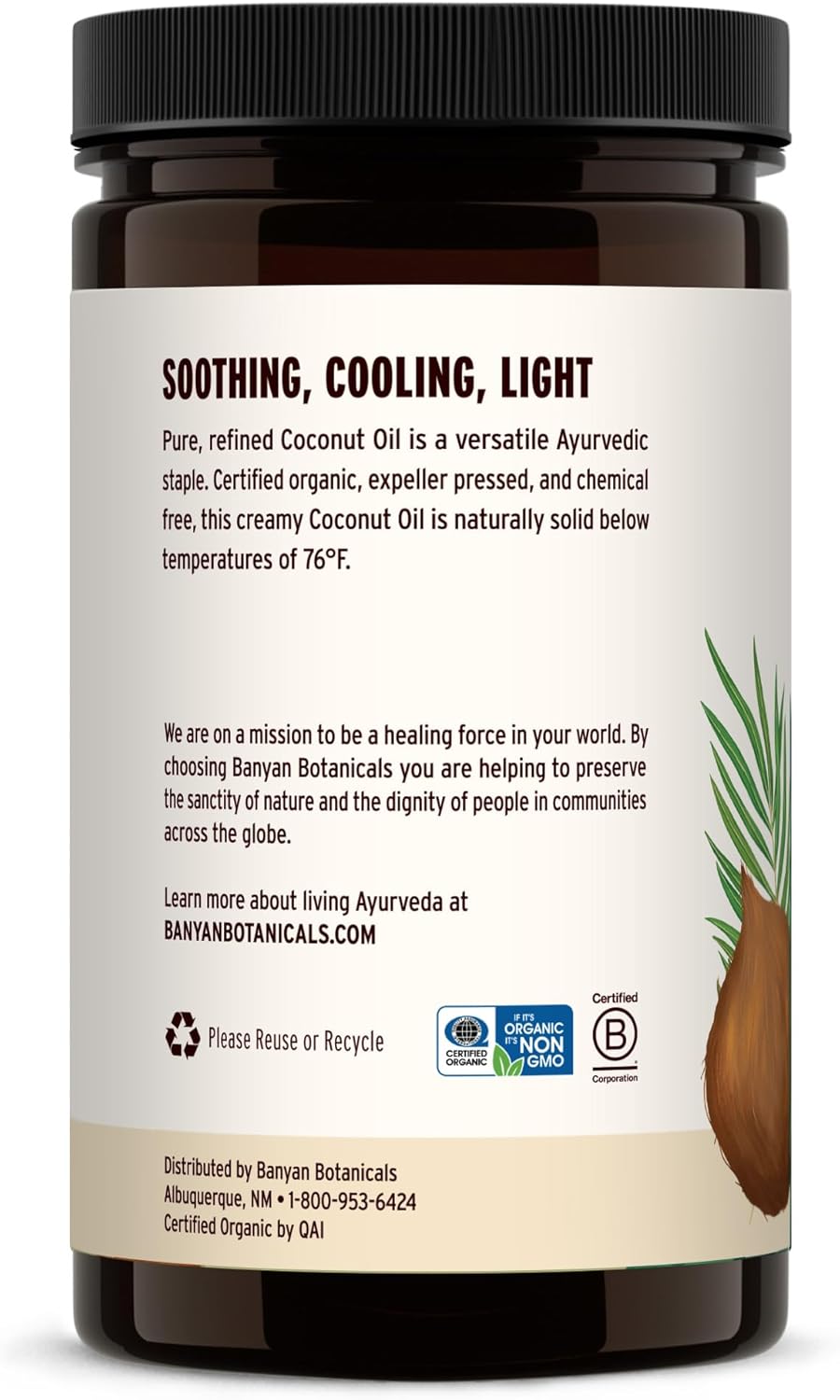 Banyan Botanicals Coconut Oil – Expeller Pressed Organic Coconut Oil – Massage Oil for Naturally Hydrated Skin and Hair – 30 oz – Refined, Non GMO, Sustainably Sourced