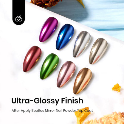 Beetles Chrome Top Coat Gel Nail Polish and Decoration Sealing Gel, 7.5ml*2PCS Chrome Nail Powder Shine Finish and Long Lasting, Soak Off LED U v Lamp Nail Art Design Diy at Home