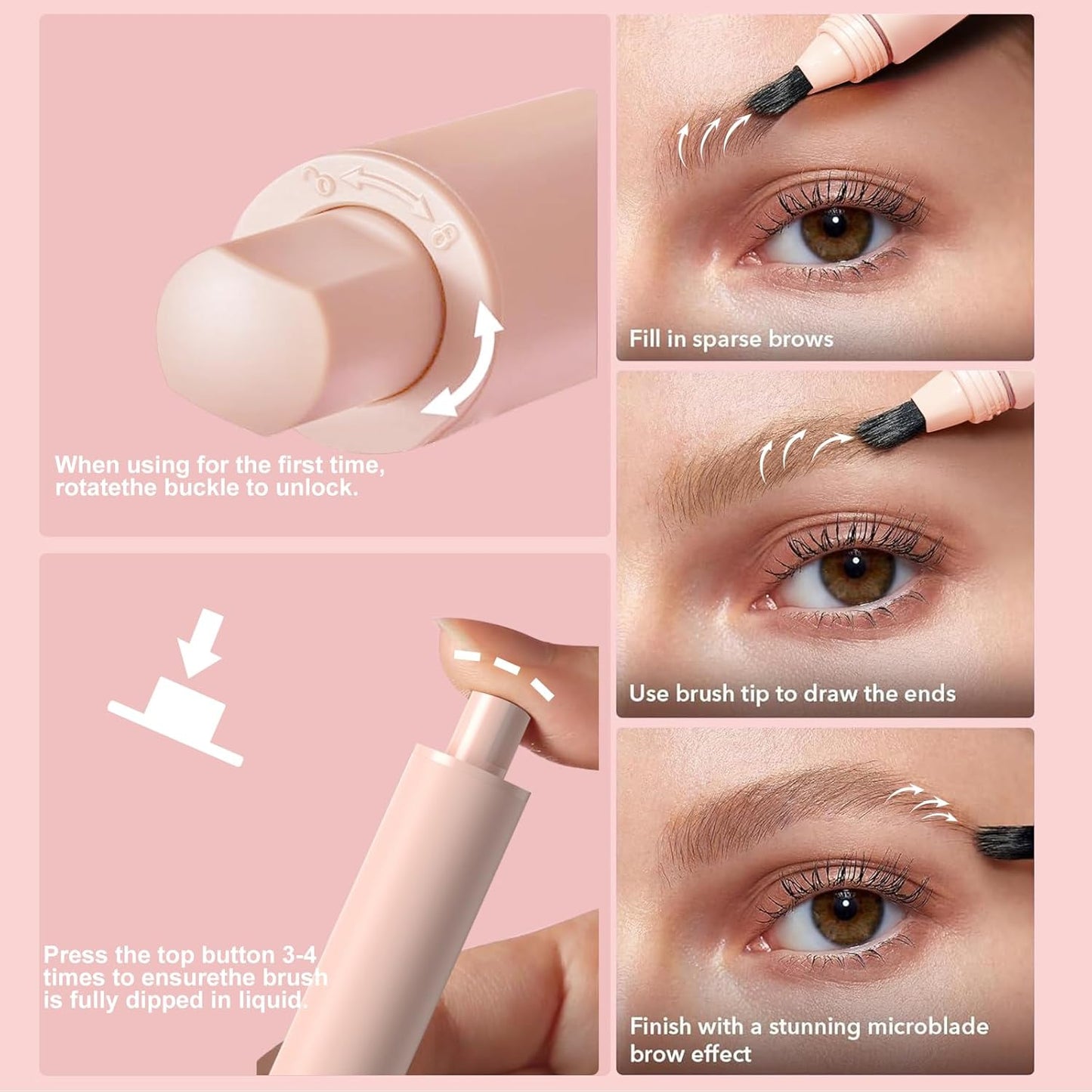 Eyebrow Pen with Hair-Like Strokes, Microblading Eyebrow Pen, Angled Brow Tint Brush for Eyebrows, Smudge Proof, Long Lasting, Easy to Color, Brown