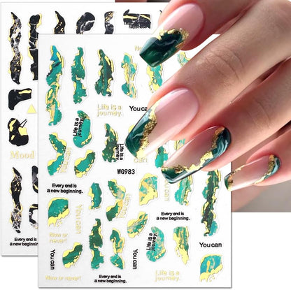 3D Marble Nail Stickers - 6 Color Marble Decals, Blooming Nail Art, Bronzing & Watercolor Smudge Resistant, Self-Adhesive Gold Foil Designs