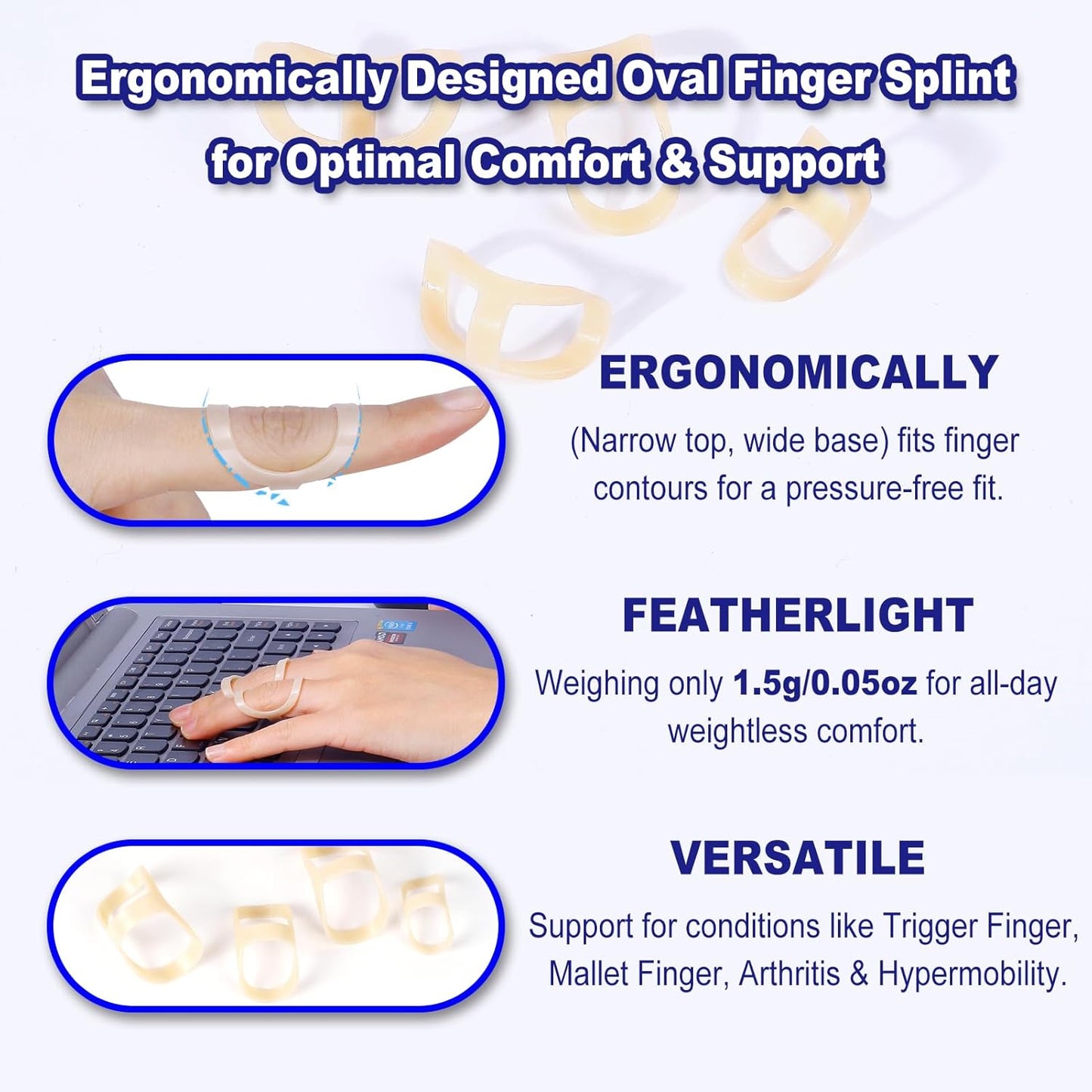 8Pcs Oval Finger Splints & Click-Lock Adjustment Kit, 4 Graduated Finger Ring Splint & 4 Splint Adjustment, Finger Braces for Arthritis, Mallet, Straightening, Support (Size 8-11)