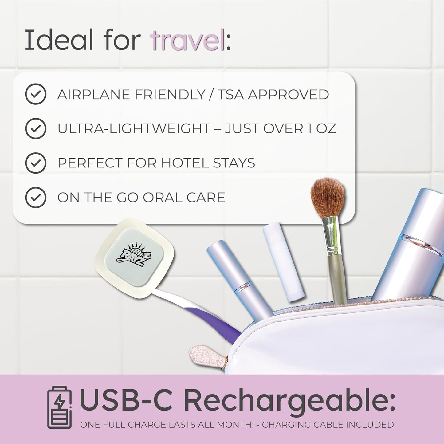 Rayz UV-C Toothbrush Sanitizer | Portable & Rechargeable | 99.9% Sanitization in 3 Minutes | Wall Mountable, Travel-Friendly & TSA-Approved (Pearl)