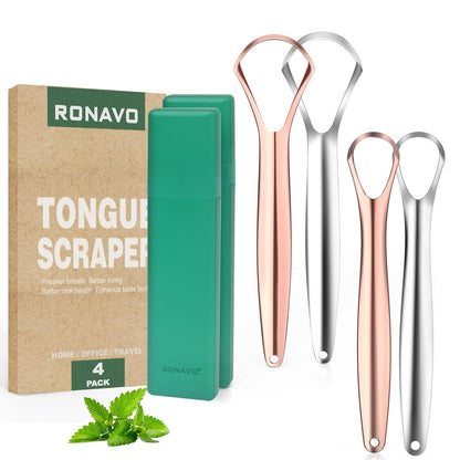 RONAVO Tongue Scraper Cleaner for Adults and Kids, Oral Hygiene, Oral Health, Improve Taste, No Smell, No Rust, 2 Colors (4 Pack)