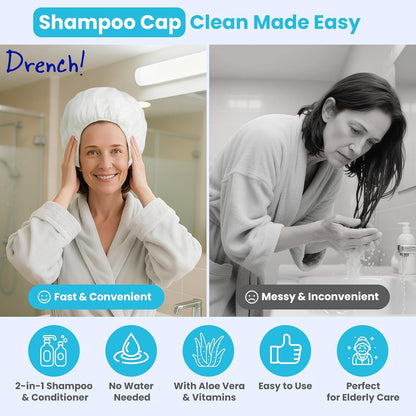 Drench No Water Hair Washing Cap - Waterless Shower Caps with Shampoo and Conditioner - Disposable Rinse Free Wash Aids - Ideal for Elderly and Disabled - Pack of 18