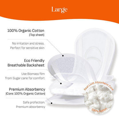 Livlit Large Size Ultra Thin Sanitary Pads, 100% Organic Cotton from Texas, Powerful Leak Protection, Unscented, Chlorine Free and Absorbency of Feminine Periods, Pads for Women (12 Count)