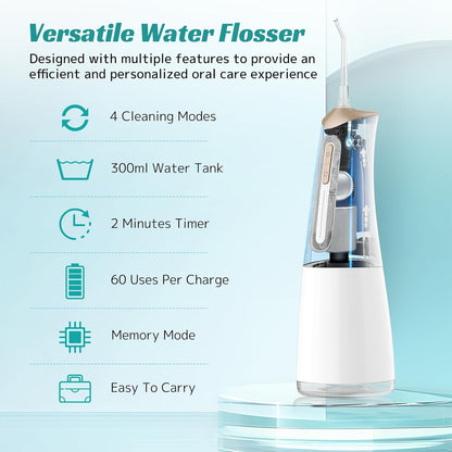 Water Dental Flosser Cordless Oral Irrigator with 300ml 5 Tips 4 Modes USBCharger Portable Travle Irrigation Cleaner IPX7 Electric Irrigador Dental for Teeth Cleaning (White)