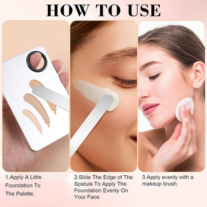 3PCS Makeup Mixing Palette Tool with Make up Spatula, Professional Stainless Steel Makeup Palette Tray Foundation Spatula for Women Girl Facial Cosmetic Nail Art Pigment Blending Tool