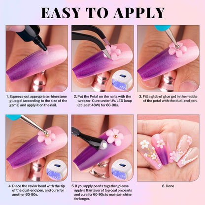 3D Flower Nail Charms and Gems, Cute Colorful Floral Charm Manicure Kit with Nail Rhinestone Glue Gel (UV Curing), Butterfly Caviar Beads Half Round Pearl & Flatback AB + Clear Crystal