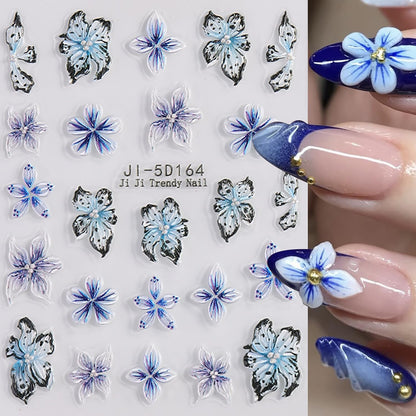 4 Sheets 5D Flower Nail Art Sticker Stereoscopic Floral Self-Adhesive Nails Stickers Blossom Nail Art Decals Holographic Flowers Decal for Women Pink Blue Red Manicure Stickers DIY Nails Supplies