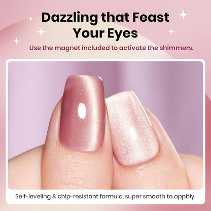 Beetles Pink Cat Eye Gel Nail Polish - 15ML Peach Pink Glass Cat Eye with Gold Powder Magnetic Glitter Gel Polish Soak Off UV Salon DIY French Nail Art Sunlit Champagne Collection Gift for Women