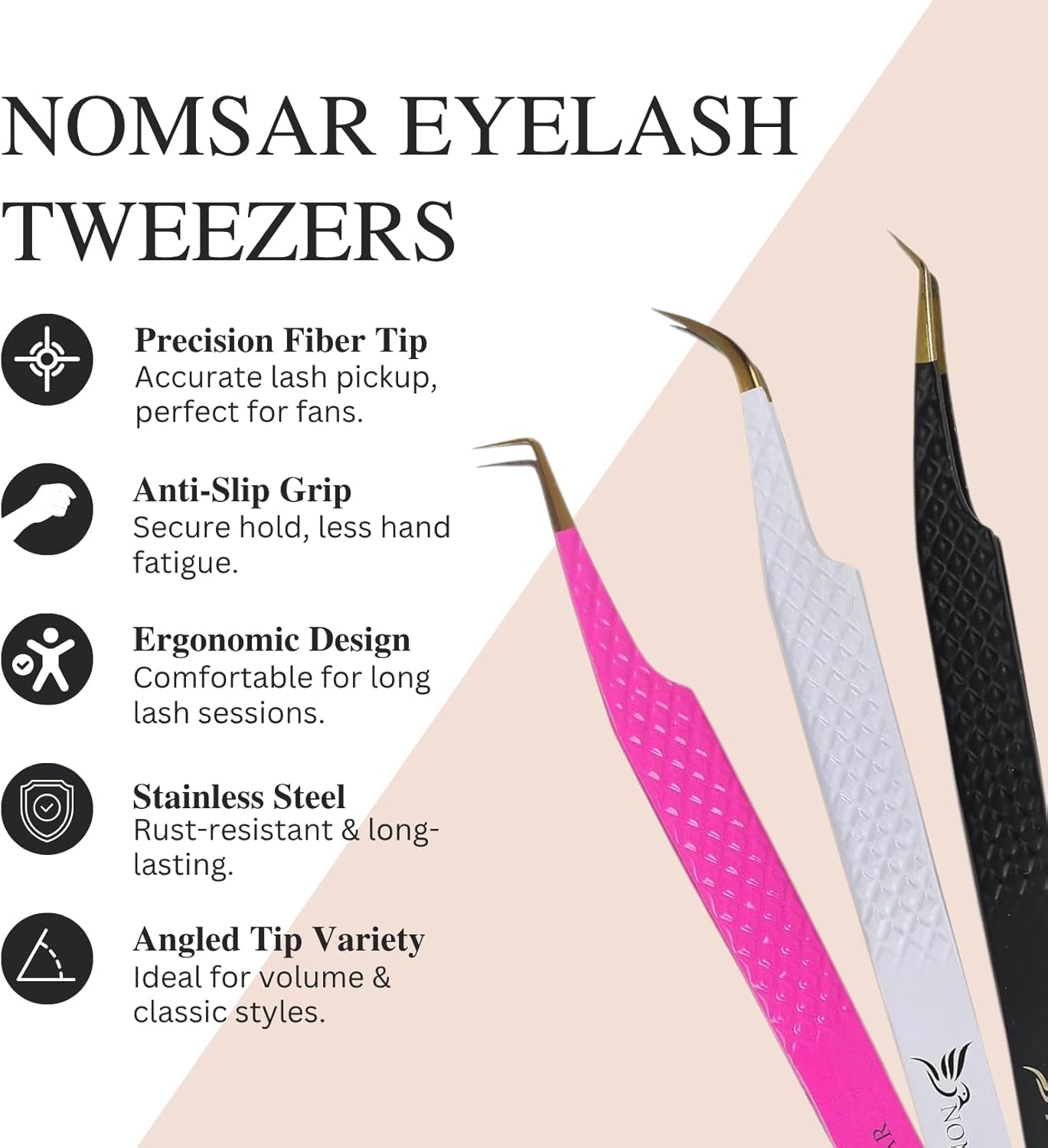 Eyelash Tweezers with Curved Fiber Tip, Precision lashes Tweezers, Stainless Steel with Diamond Grip for Volume lash Extension Application & Multipurpose (Silver)