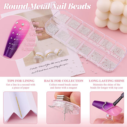 2 Boxes Flatback Pearls (White) and Metal Nail Beads (Silver) with Rhinestones Glue Gel for Nail Art, Pearl Nail Charms and Round Caviar Beads Nail Accessories for Acrylic Nail Tips Manicure Decor