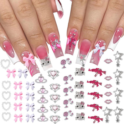 Barbiecore Nail Charms, Pink Gun Head Lip Heart Saturn Rhinestione Nail Art Charms Nail Jewelry Decorations Acrylic Nail Gems Accessories for Women Girl DIY Crafts Supplies