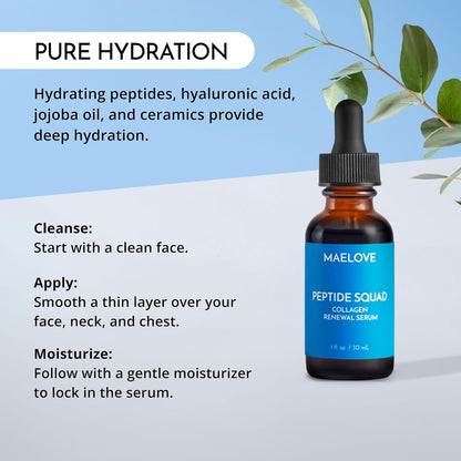 MAELOVE Peptide Squad Collagen Renewal Serum with Copper Peptides, Argireline, Matrixyl 3000 + Hyaluronic Acid and Niacinamide for Wrinkles, Fine Lines, and Skin Elasticity