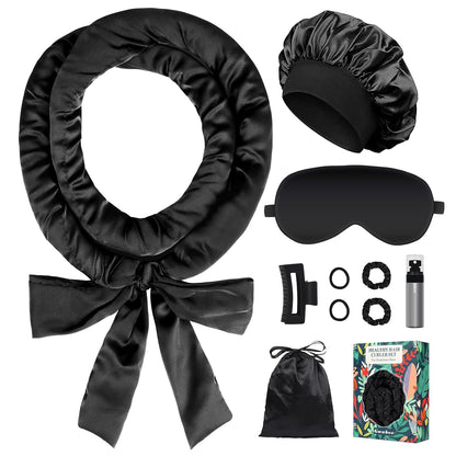 Satin Heatless Curls Overnight Hair Curlers to Sleep In Hair Curler Rollers No Heat Hair Wrap for Curls Headband, 70" Satin Heatless Curling Rod Set for Women Long Waves Hair Volume-Black 10PCS