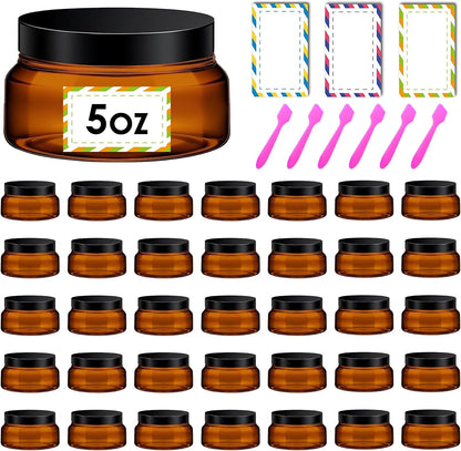36 Pack 5 oz Amber Plastic Cosmetic Containers With Lids Refillable Clear Empty Travle Jars Containers for Body Butter,Sugar Scrubs,Cream,Lotions,Candy, Waterproof Label&Spatulas - (Black Lid)