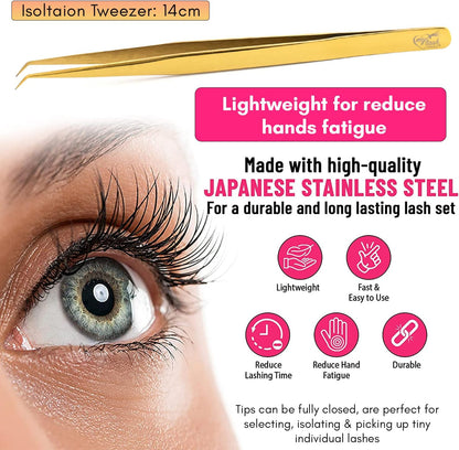 Isolation Tweezers for Eyelash Extension – 14cm Curved Lash Tweezer, Stainless Steel, Best for Individual Isolation & Classic Lashes, Pinzas para Pestaña(Gold Titanium)