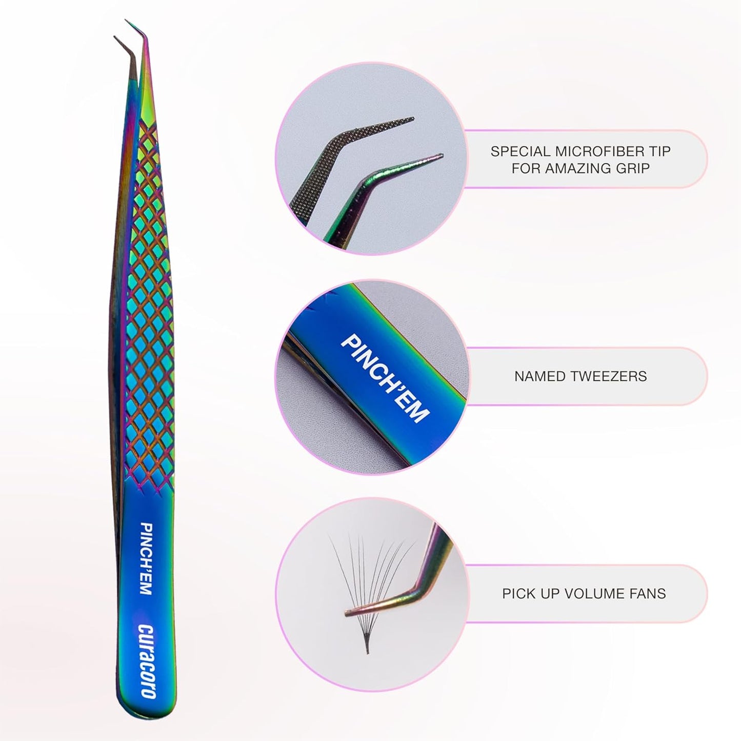 Curacoro Lash Tweezer - Professional & Precision Fiber Tip Grip Lash Tweezers for Eyelash Extensions, Multi Shapes & Purposes Tweezers for Volume, Isolation & Classic Lashes (Galaxy, Pinch'em)