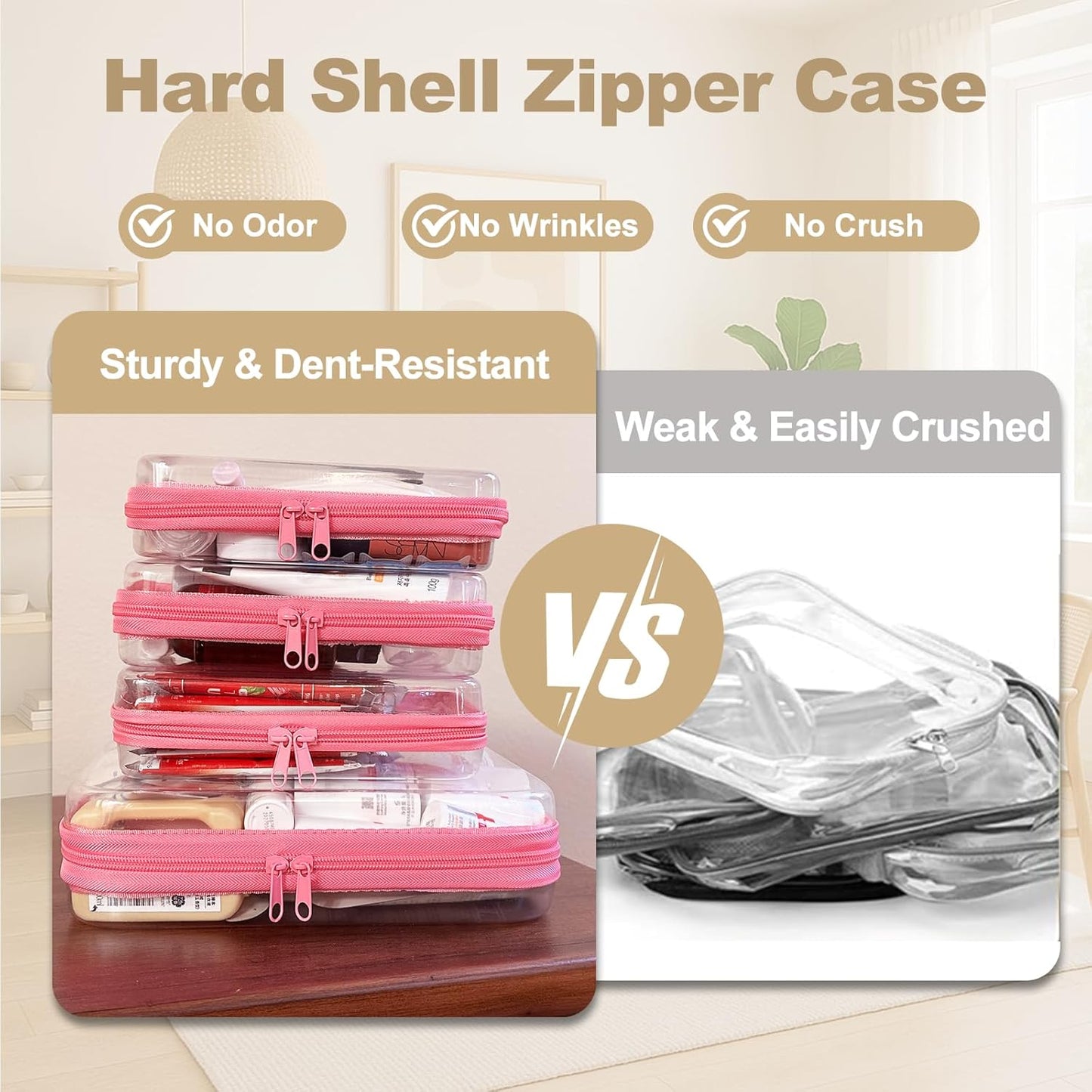4 pcs Clear Zipper Pouches, Hard Shell Zipper Case, Makeup Organizer Travel Toiletry bag, Diaper Bag, Travel Organizer, Clear Cosmetic Bag,Toy Storage Bins (M+3S Pink)