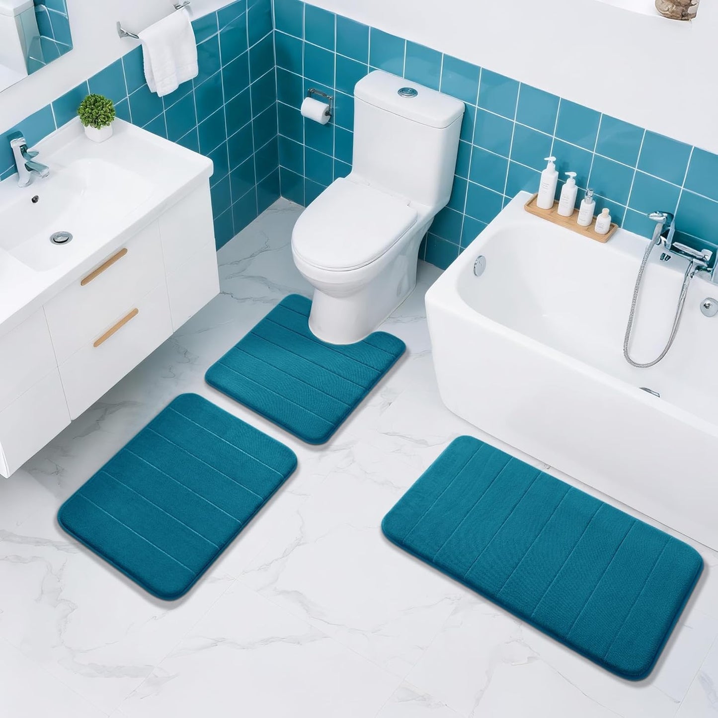 Yimobra Memory Foam Bath Mat, Super Soft Absorbent Bathroom Rug Non Slip 24x17 Inch, Quick Dry, Machine Washable Floor Carpet for Tub Shower, Home Decor Accessories, Peacock Blue