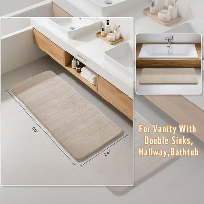 Yimobra Bathroom Runner 55"x24", Non Slip Memory Foam Bath Mat, Super Soft Water Absorbent Hallway Carpet, Machine Washable Rug for Vanity Tub Shower, Beige