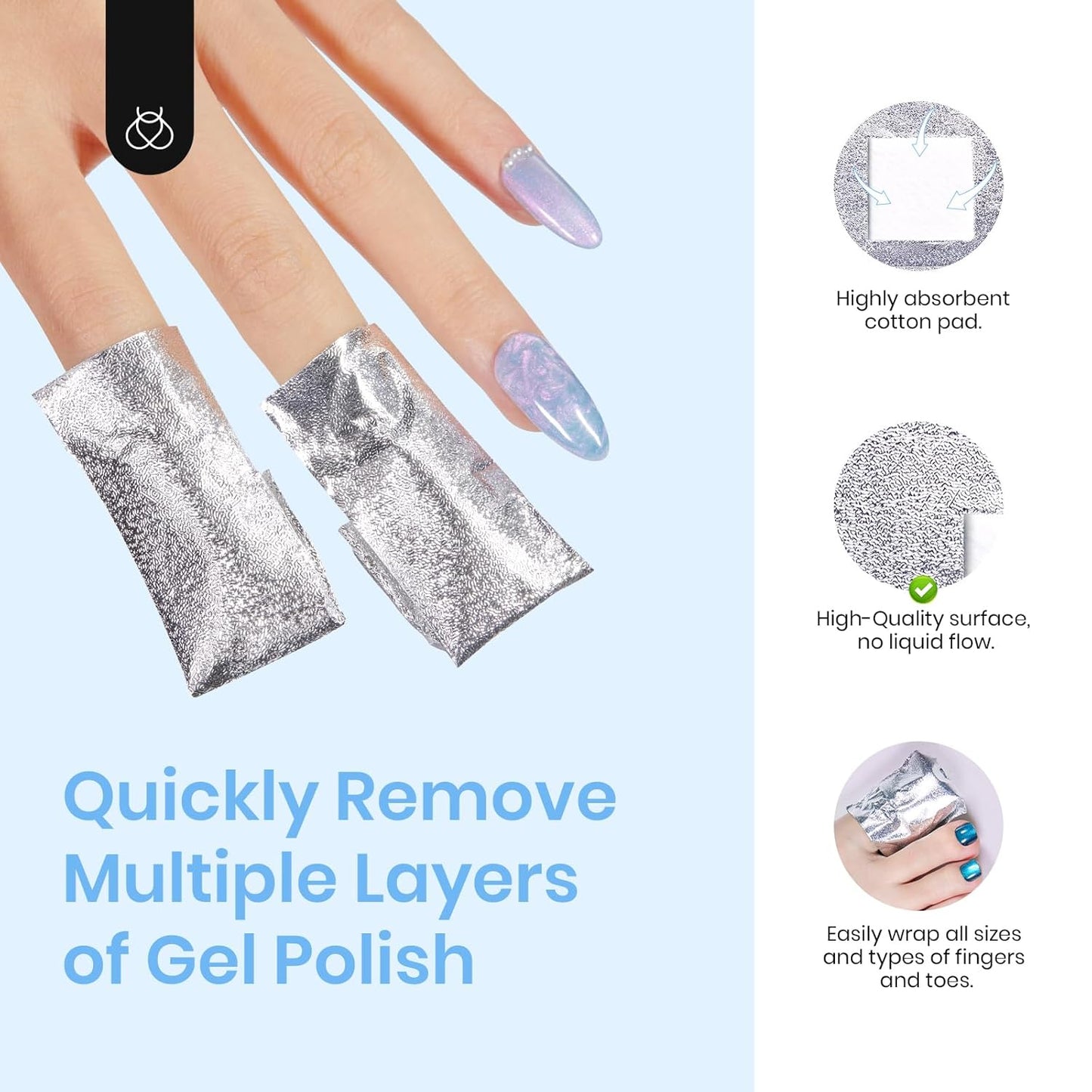 Beetles Gel Polish Remover Nail Foil Wraps 200Pcs, Nail Gel Removal Tool for Soak Off Gel Polish with Thicken Large Cotton Pad, Cuticle Oil & Cuticle Pusher, Droppers for Manicure Care